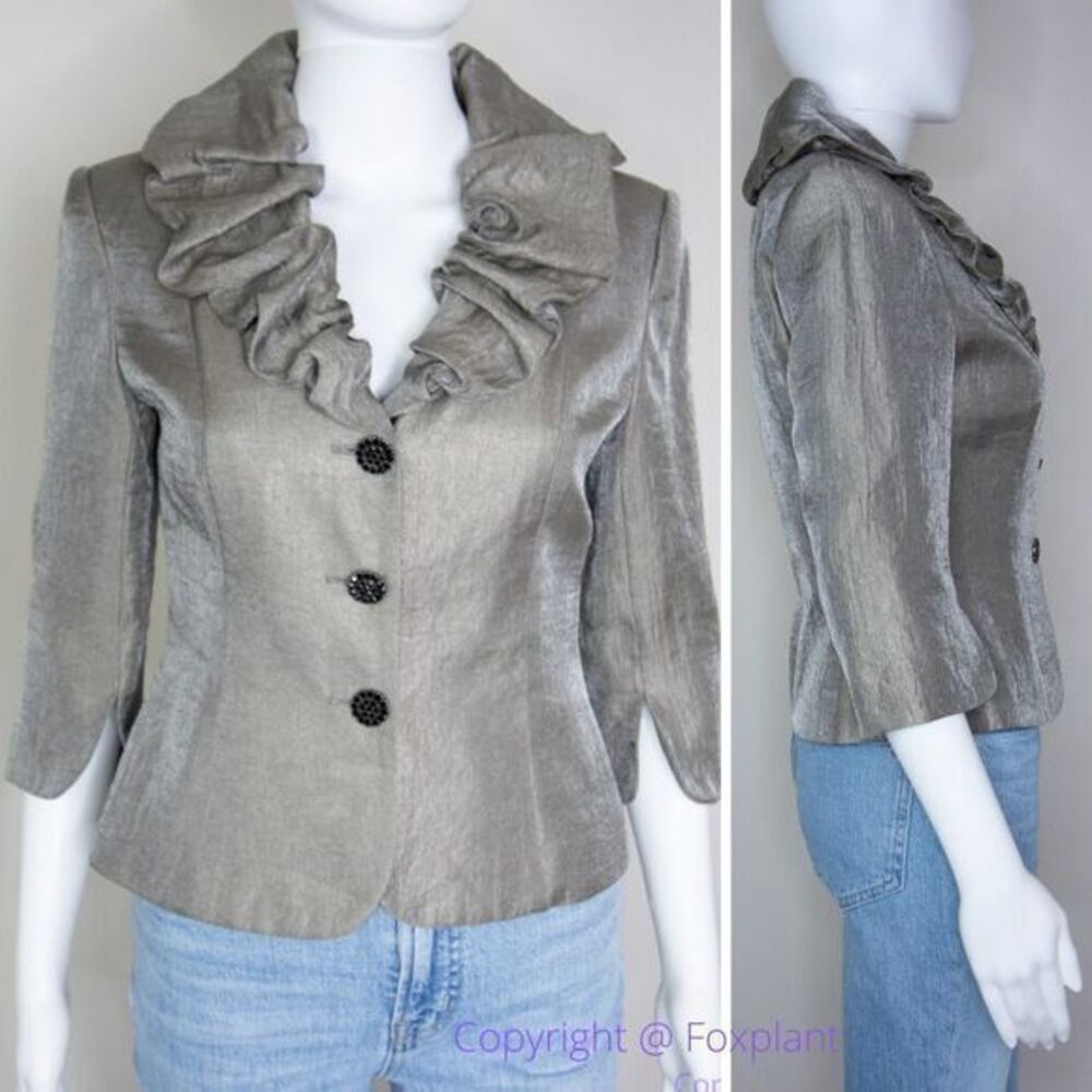 Vintage Niteline ruffle collar metallic grey cocktail blazer‎ jacket, Petite 4